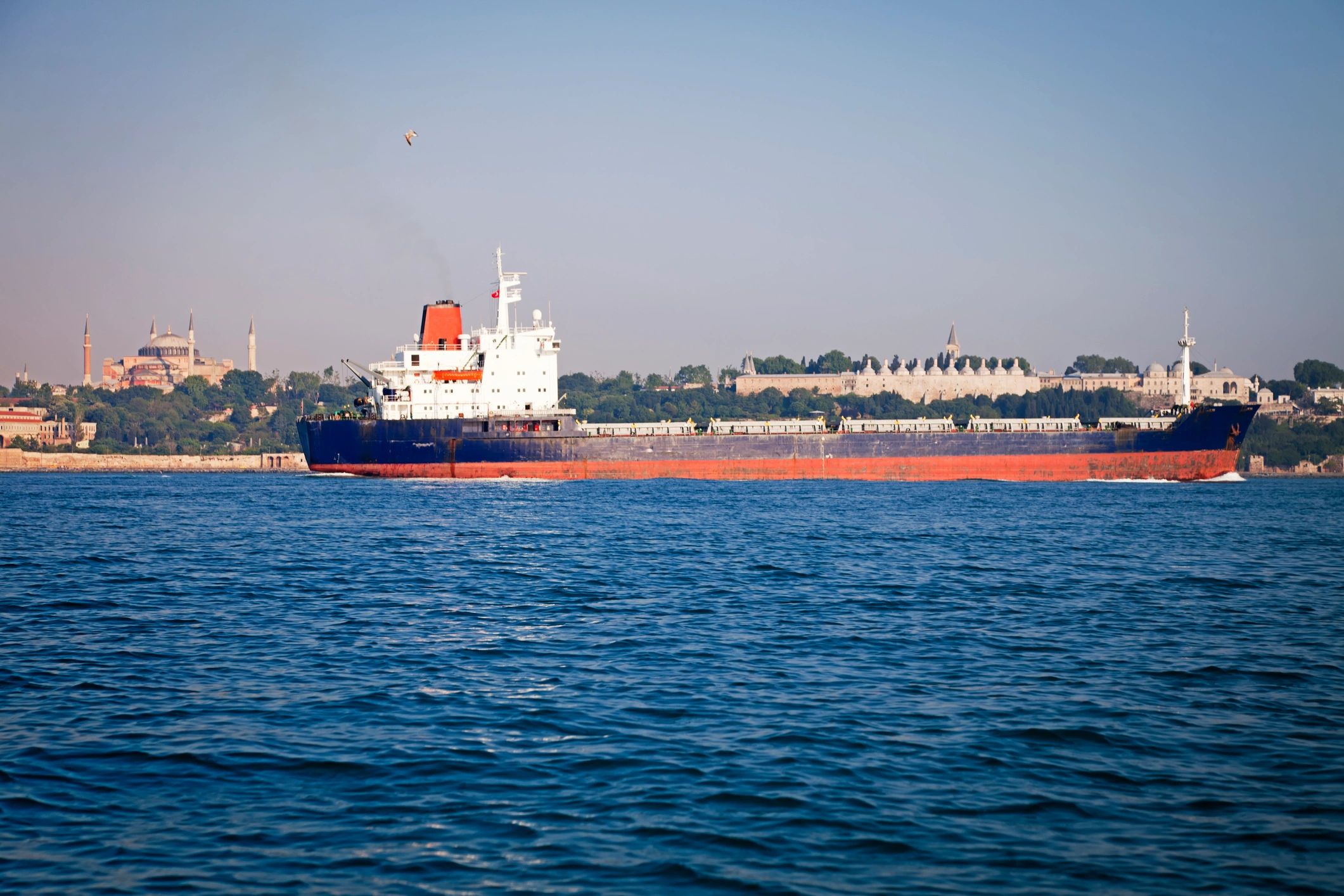Fuel tanker underway in a narrow strait