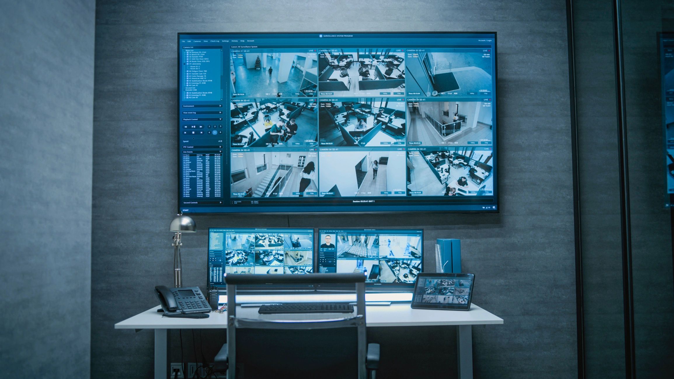Operations monitoring center with screens and dashboards